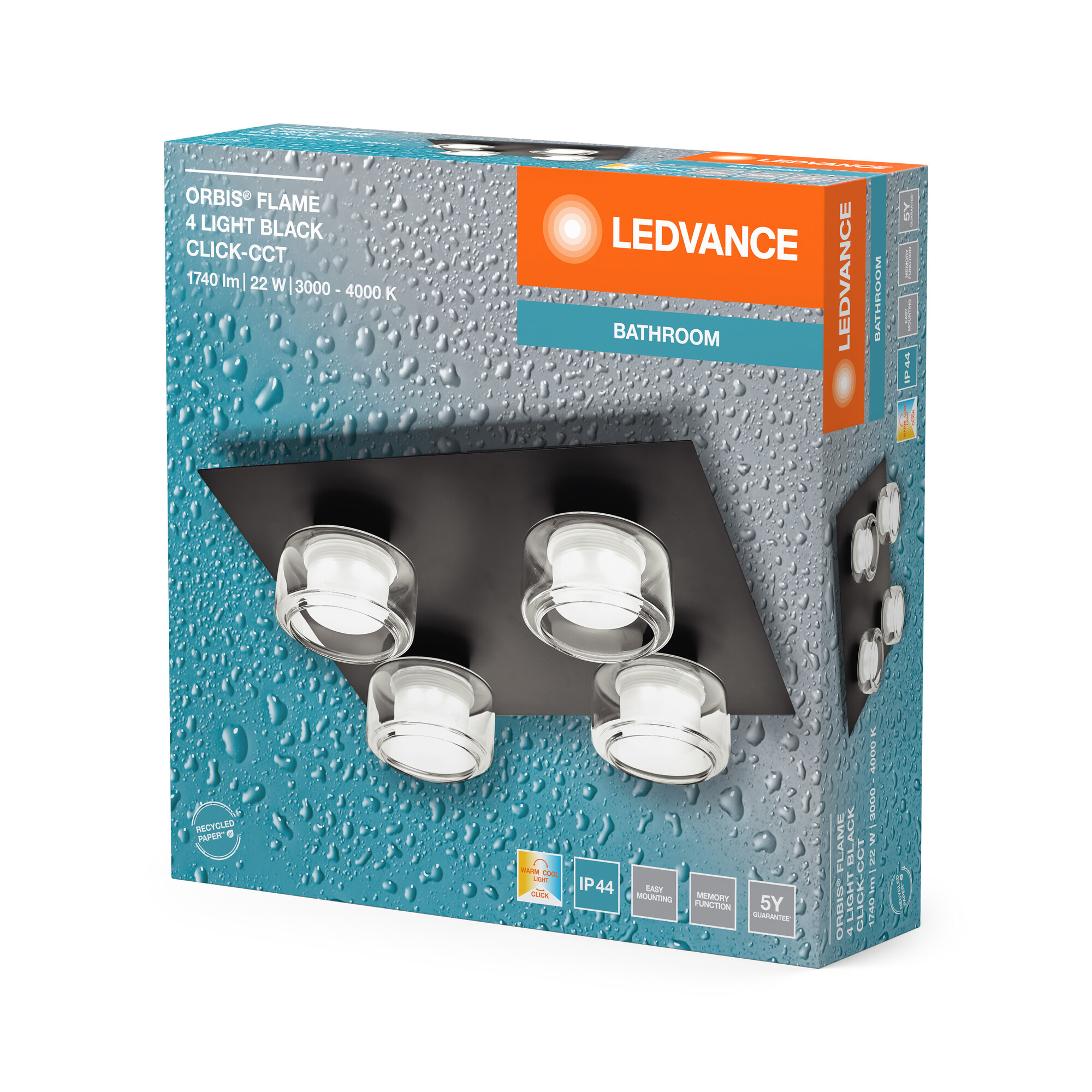 Eine Box mit LEDVANCE Badezimmerleuchten mit schwarzer Oberfläche und vier weißen Leuchten. Die Box hat Wassertropfen.
