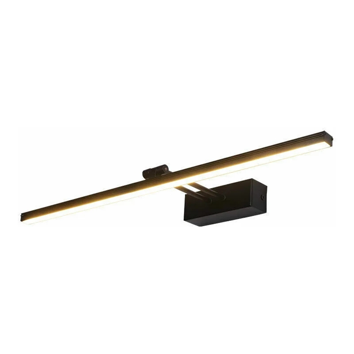 Lange, schwarze, an der Wand montierte LED-Leuchte mit rechteckigem Sockel auf Weiß.