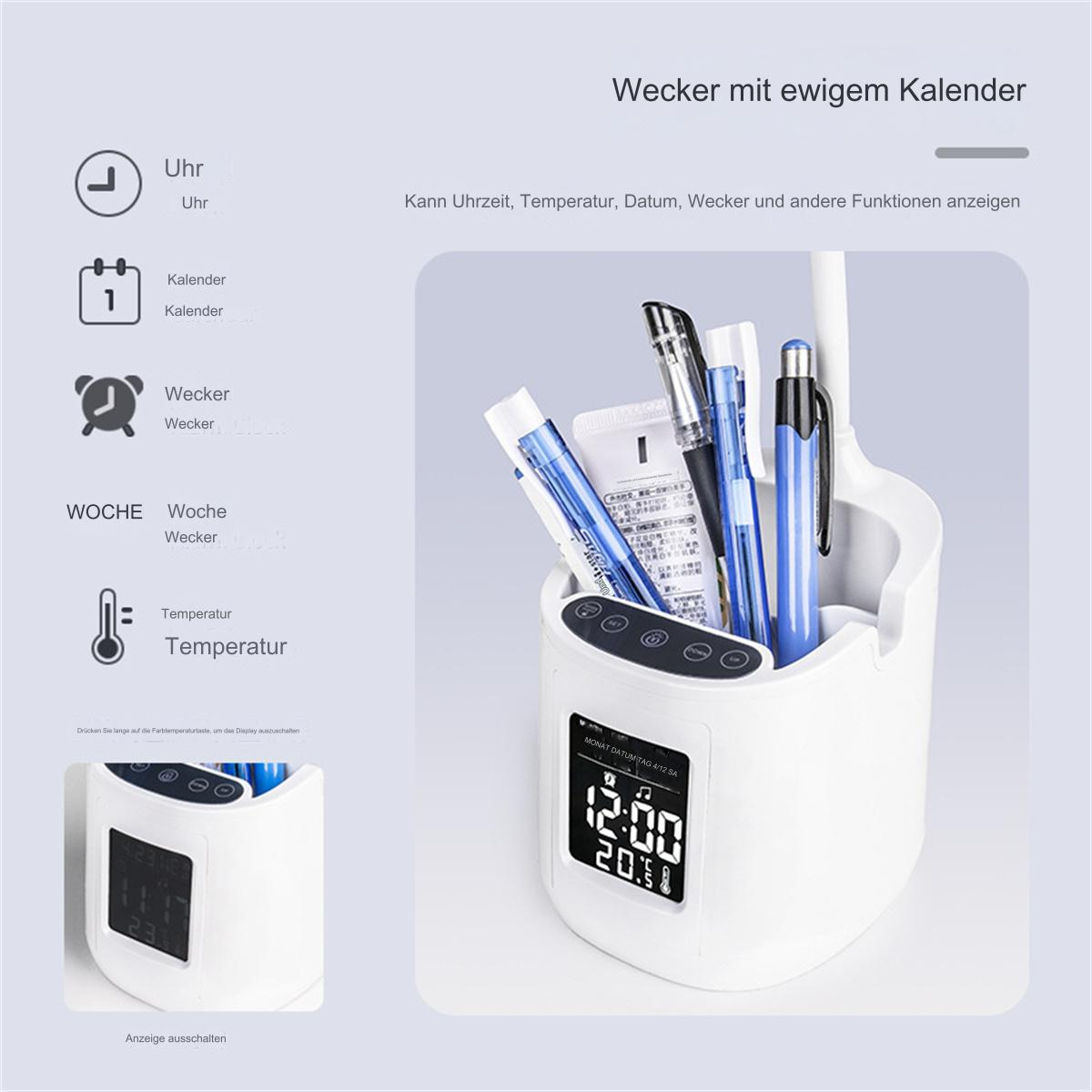 Weißer Schreibtischorganizer mit Wecker, Stiften und Markern, mit Symbolen und Textbeschriftungen.