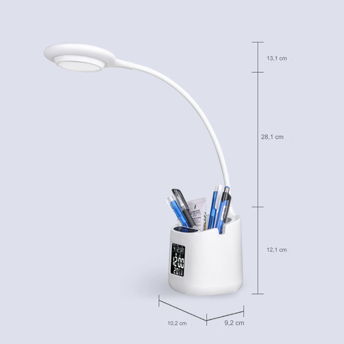 Eine Schreibtischlampe mit Stifthalter. Sie hat einen flexiblen Hals und eine Digitaluhr.
