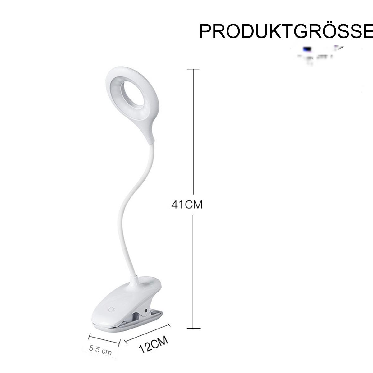 Eine weiße LED-Schreibtischlampe mit flexiblem Hals und Clip-Basis, mit angegebenen Abmessungen.