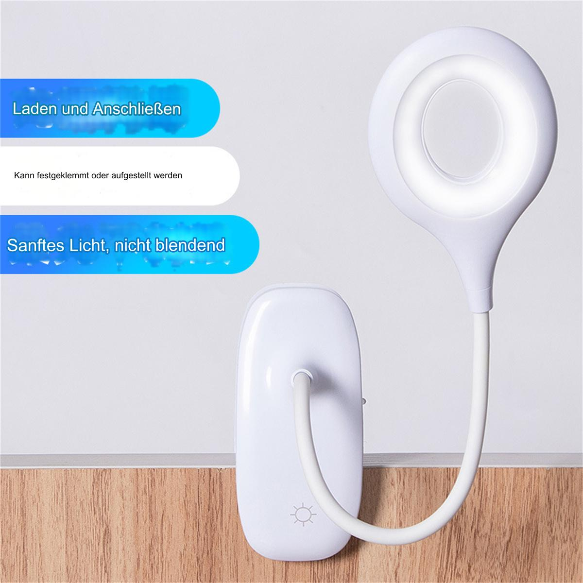 Weiße Schreibtischlampe mit flexiblem Hals, mit deutschem Text: Laden, klemmen, sanftes Licht.