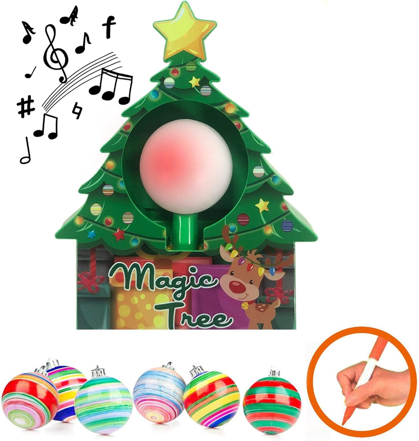 Ein Weihnachtsbaumschmuck mit Noten und bunten Ornamenten.