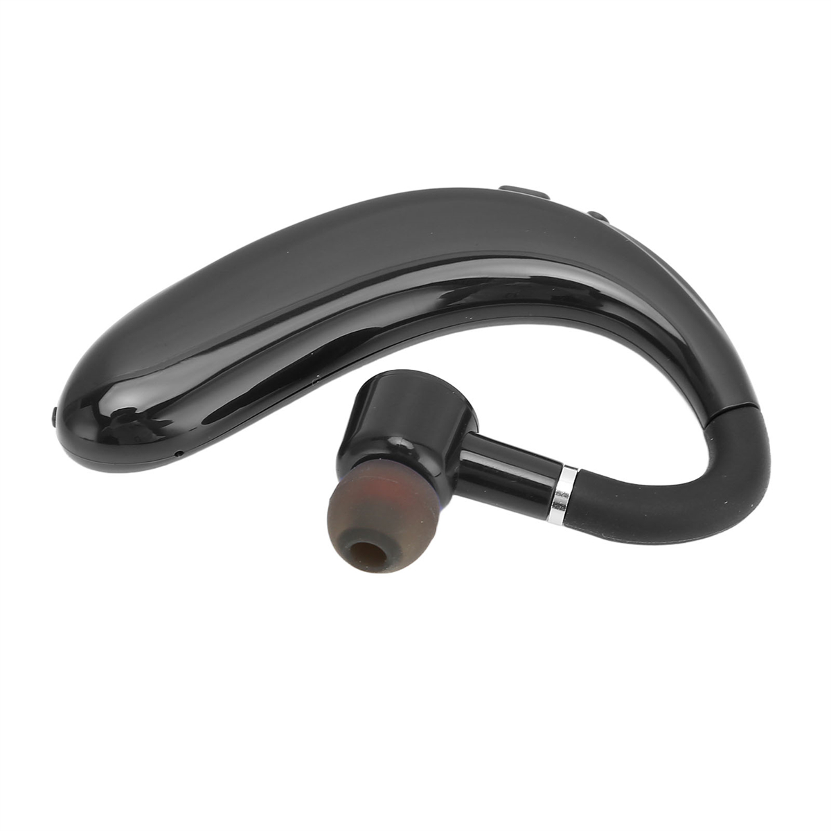 Schwarzes Bluetooth-Headset mit flexiblem Ohrbügel, isoliert auf weißem Grund.