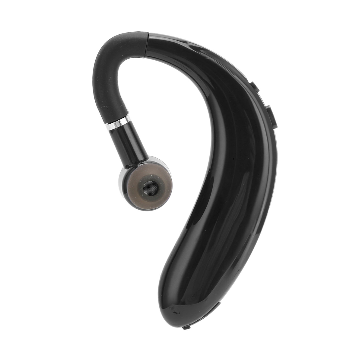 Schwarzes Bluetooth-Ohrstück. Es ist ein Haken-Design.