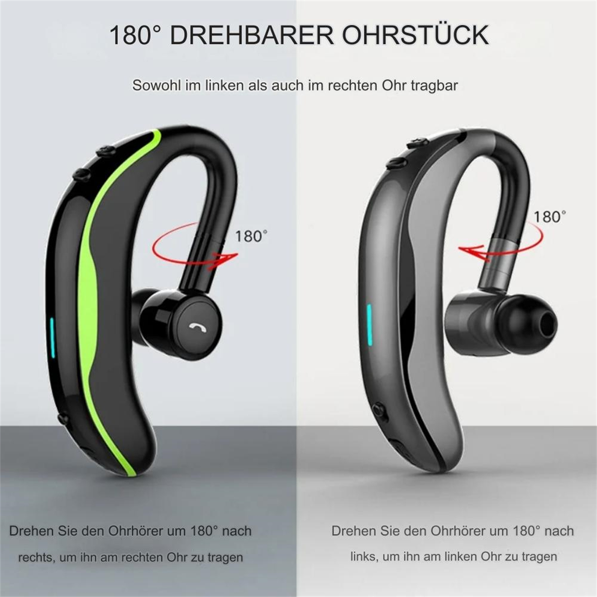 Zwei kabellose Bluetooth-Headsets. Eins schwarz mit grünen Akzenten, das andere schwarz mit grauen Akzenten.