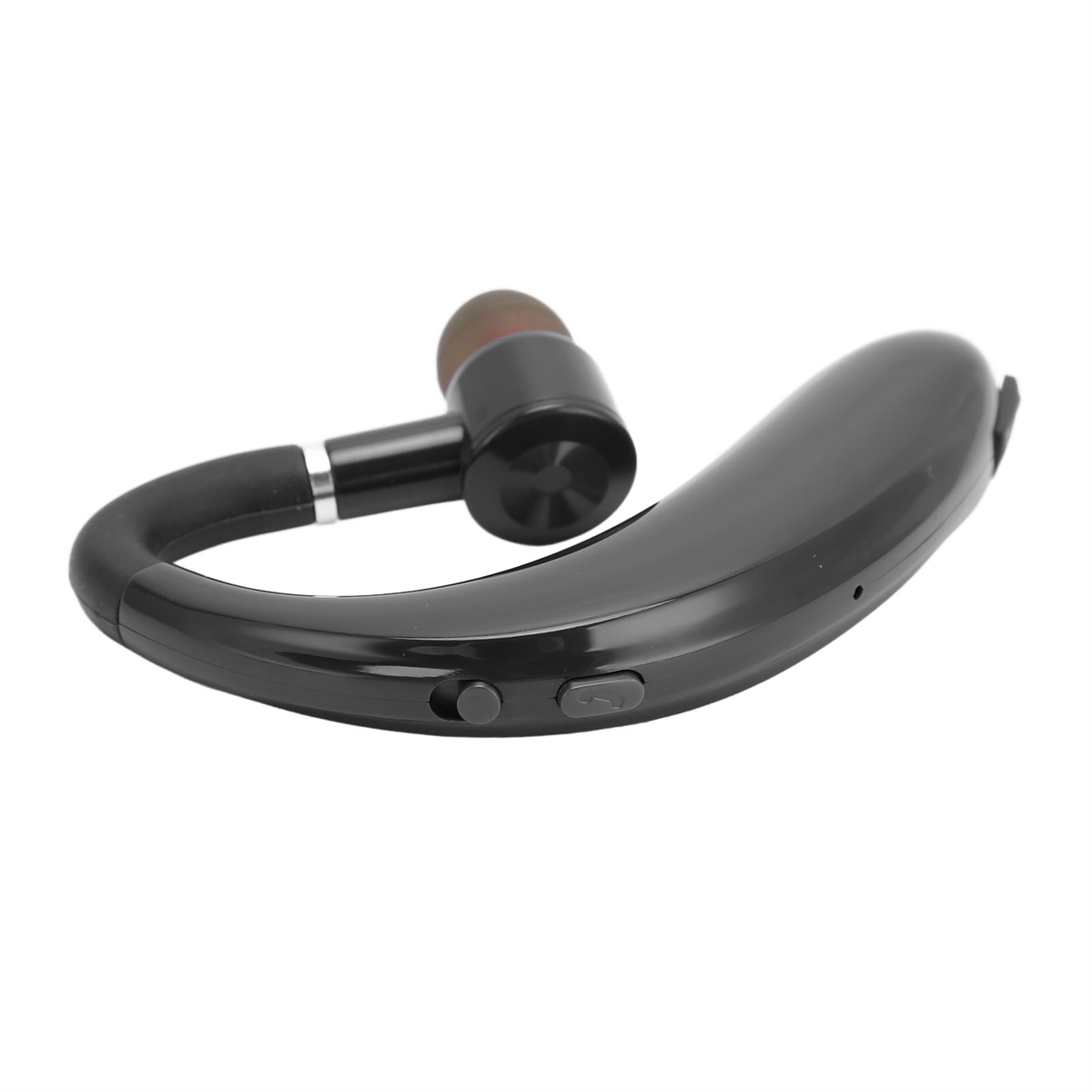 Ein schwarzes Bluetooth-Headset, das um das Ohr getragen werden soll, wird auf einer weißen Oberfläche gezeigt.