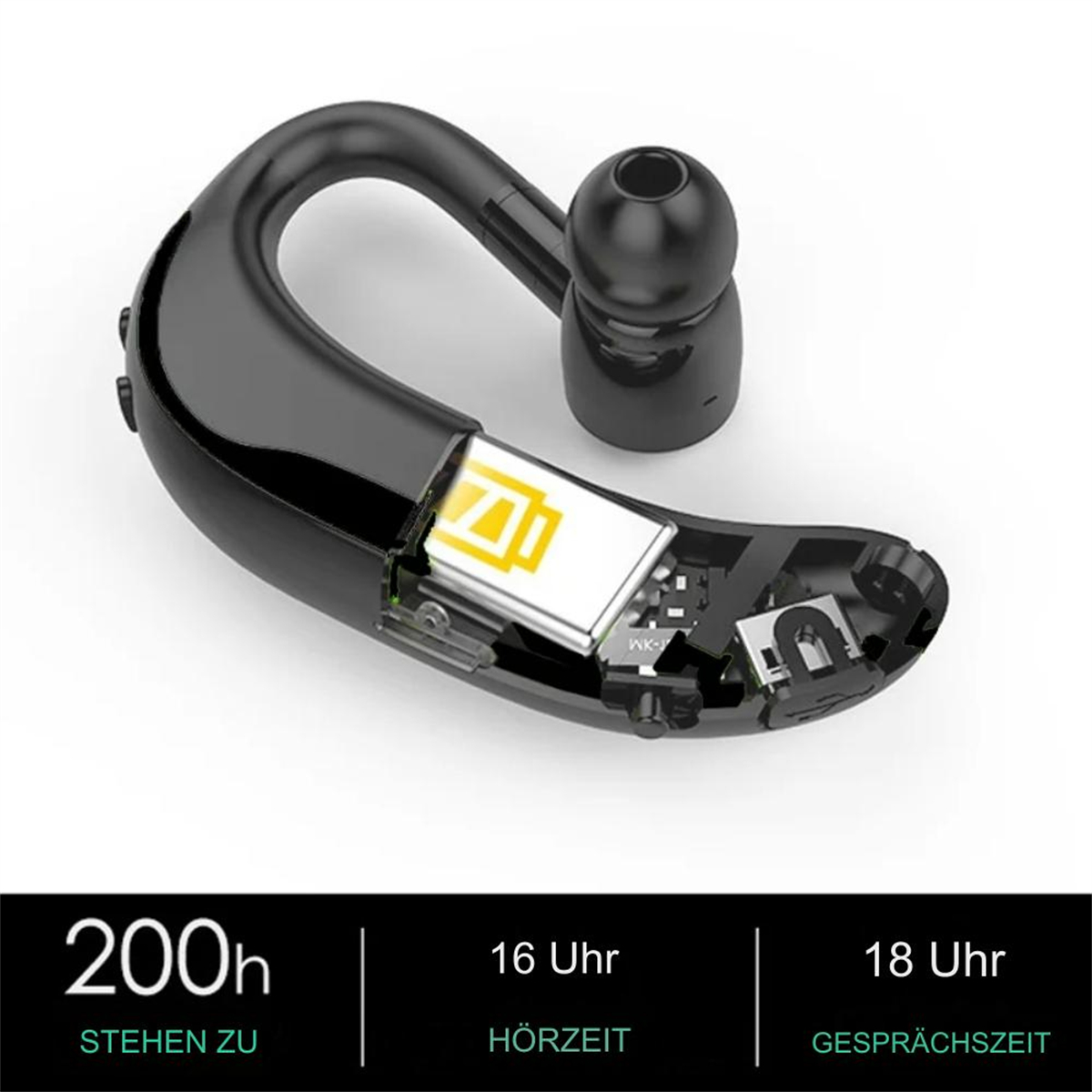 Schwarzes drahtloses Headset. Es verfügt über einen Ohrhörer und einen Mikrofonarm. Text zeigt Hör- und Gesprächszeiten.