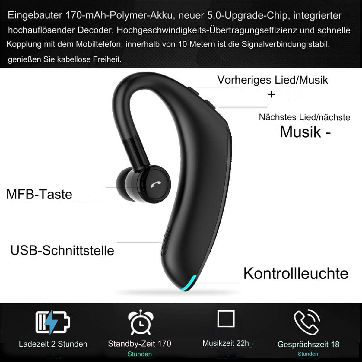 Schwarzer Bluetooth-Kopfhörer mit Steuertasten und USB-Anschluss für Musik und Anrufe.