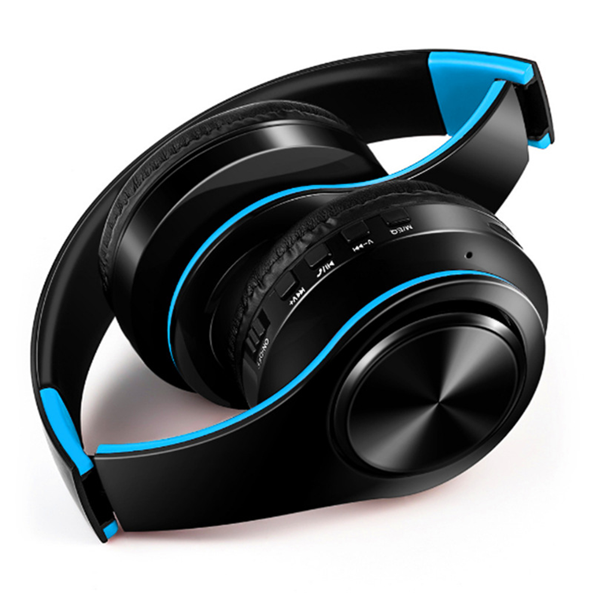 Schwarz-blaue faltbare Kopfhörer mit Knöpfen und kreisförmigem Design.