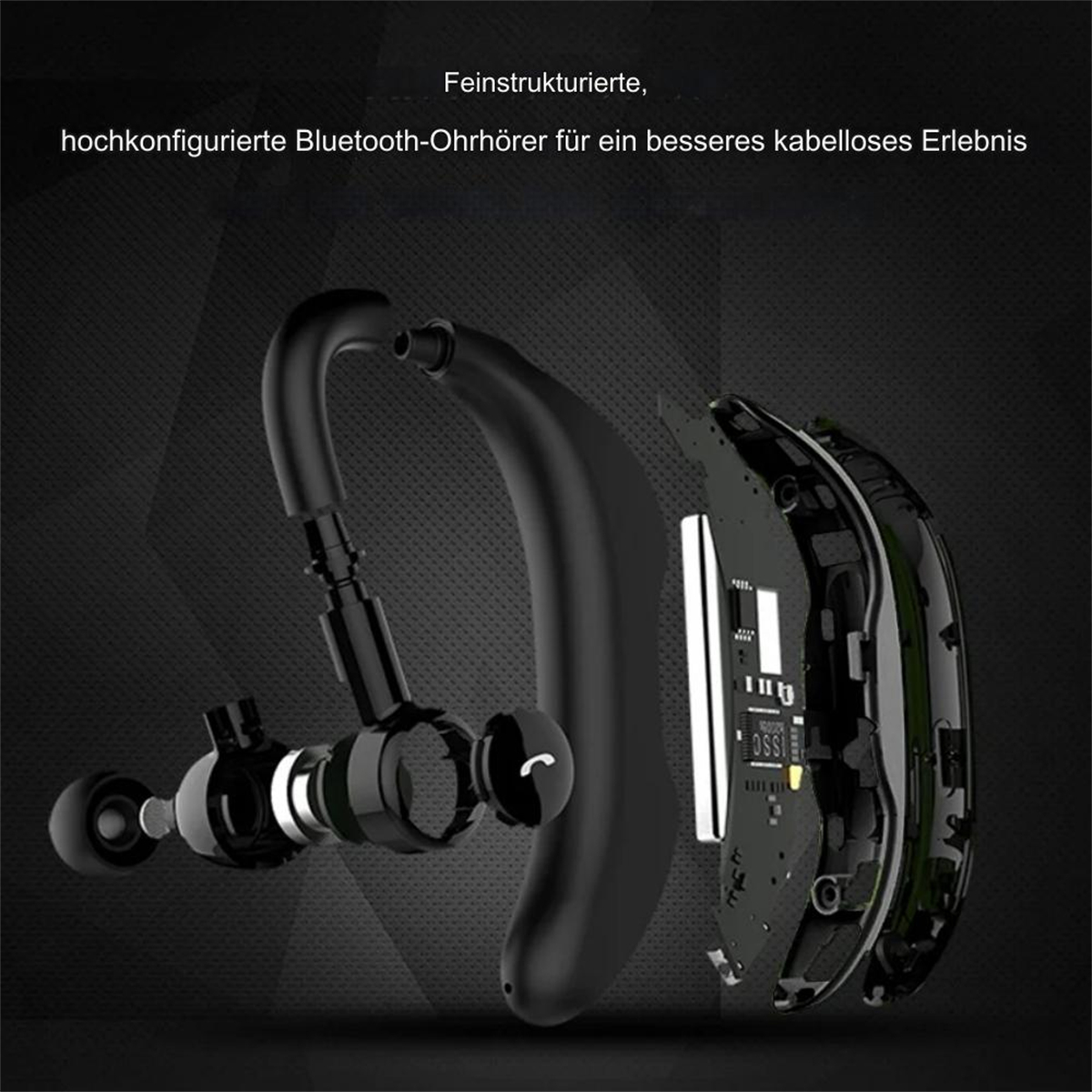 Ein schwarzer Bluetooth-Kopfhörer mit gezeigten internen Komponenten. Es ist ein High-Tech-Design.