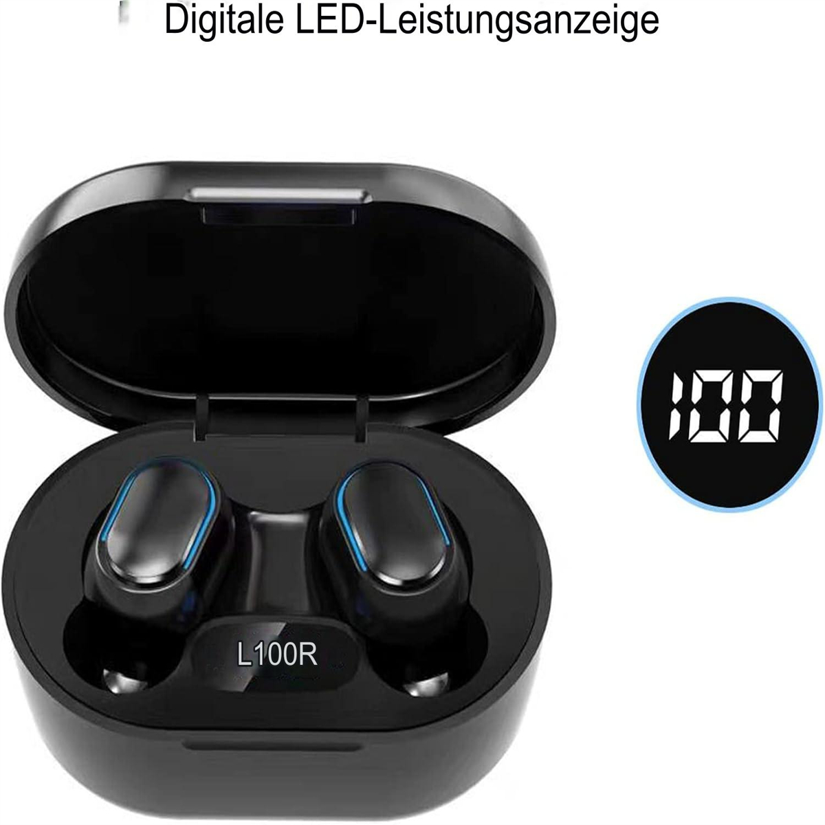 Schwarze Ohrhörer in einem Ladecase, mit Digitalanzeige.