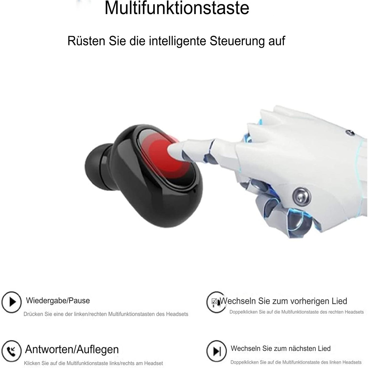 Schwarzer kabelloser Ohrhörer mit roter Touch-Taste, neben einer Hand, die ihn berührt. Symbole und Text.