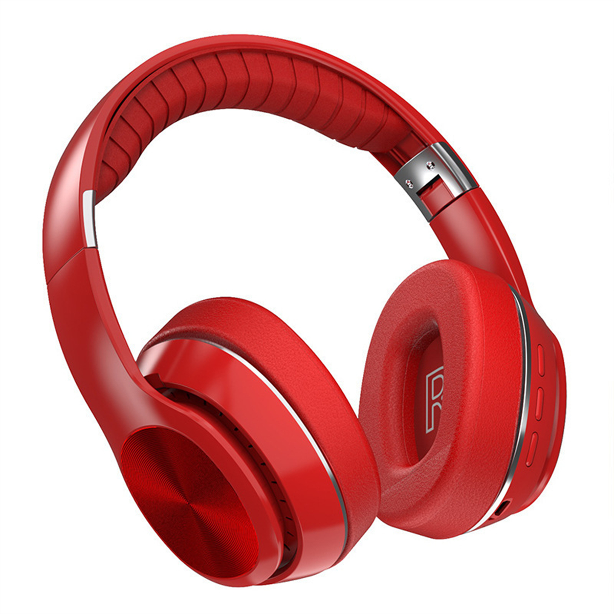 Rote Over-Ear-Kopfhörer mit gepolstertem Kopfband und Ohrmuscheln, silbernen Akzenten und Logo.