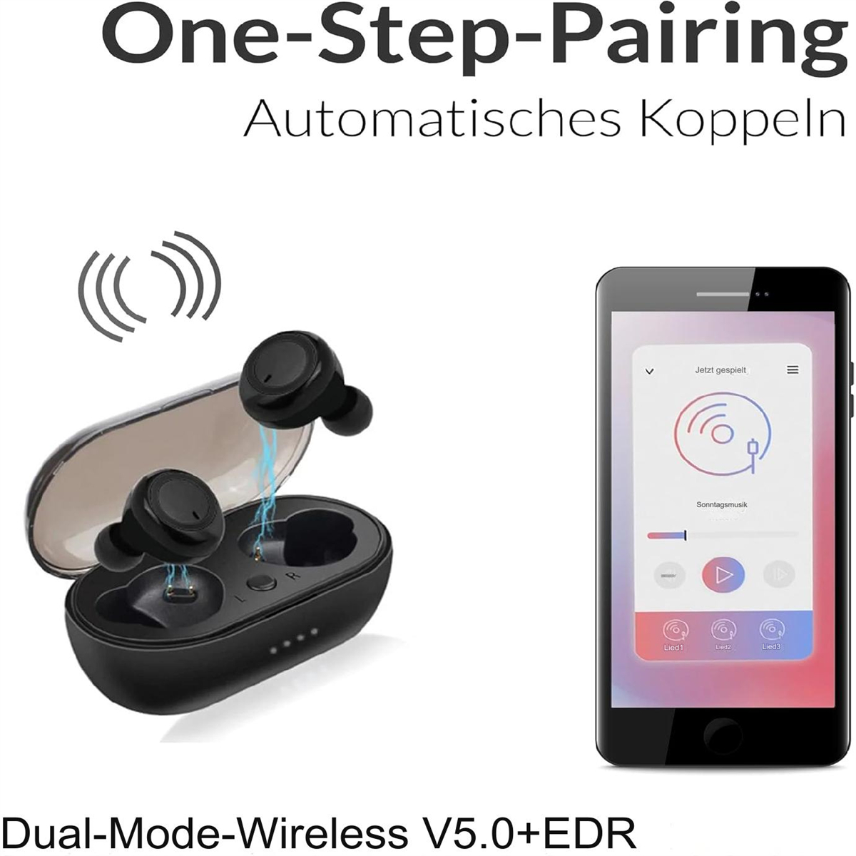 Schwarze kabellose Ohrhörer in einem Ladecase mit einem Telefon, das Musiksteuerungen anzeigt.