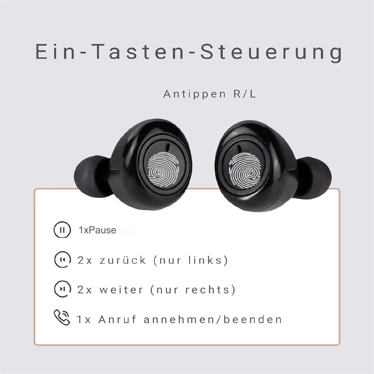 Paar schwarze kabellose Ohrhörer mit Touch-Bedienelementen. Grafik zeigt Steuerungsoptionen.