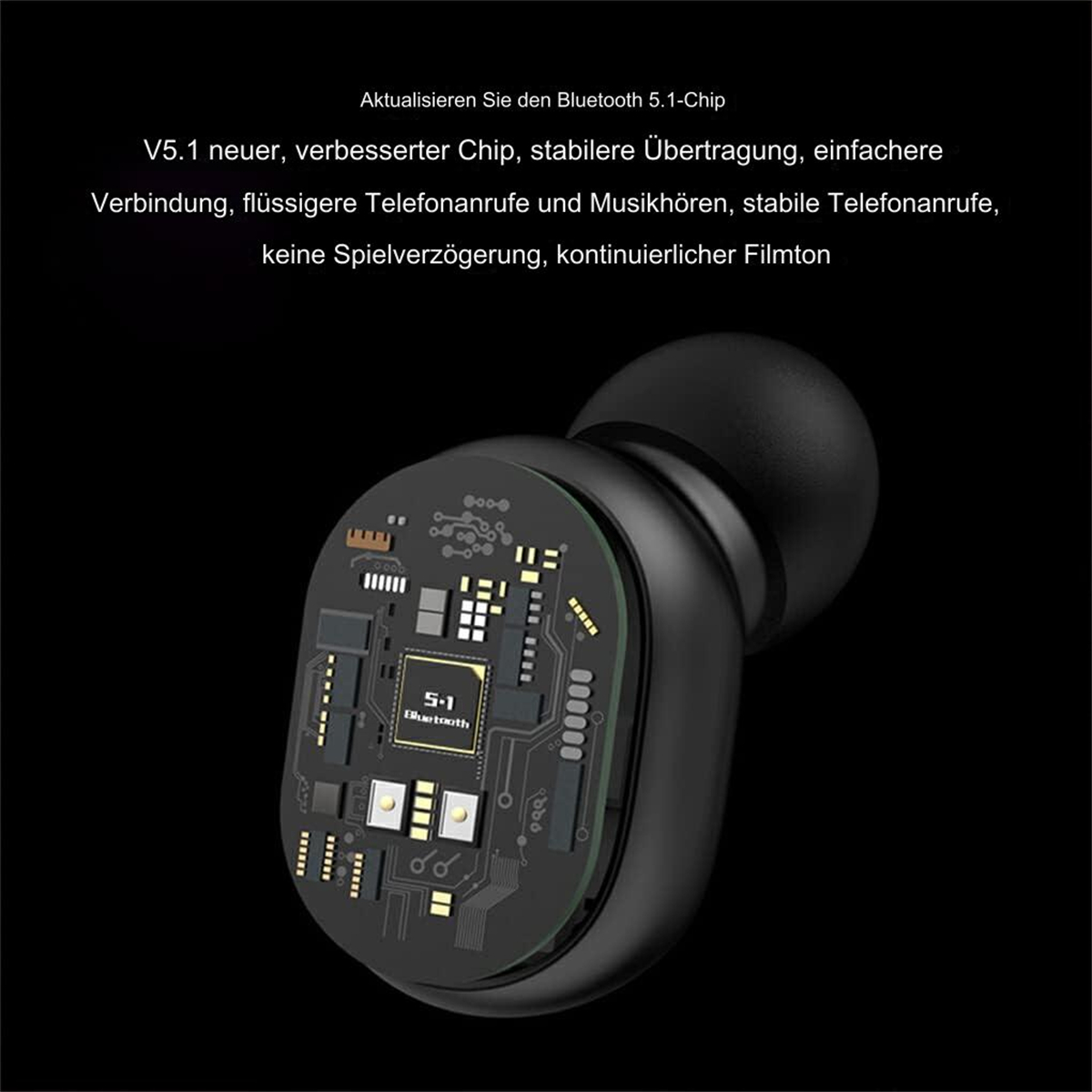 Ohrhörer mit sichtbaren internen Komponenten. Text zeigt Bluetooth 5.1 und andere Funktionen an.