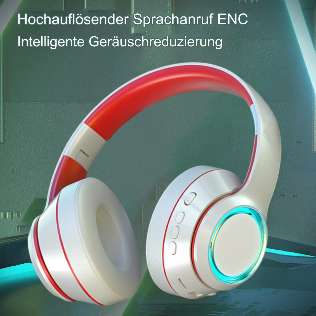 Weiße und rote Kopfhörer. Der Hintergrund hat einen grünen Farbton mit Text.
