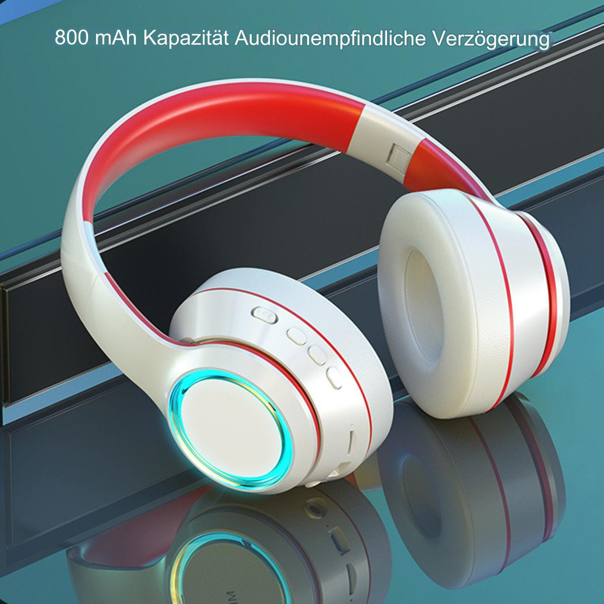 Weiße und rote Kopfhörer mit Ohrmuscheln und rotem Stirnband. Das Bild zeigt die Details der Kopfhörer.