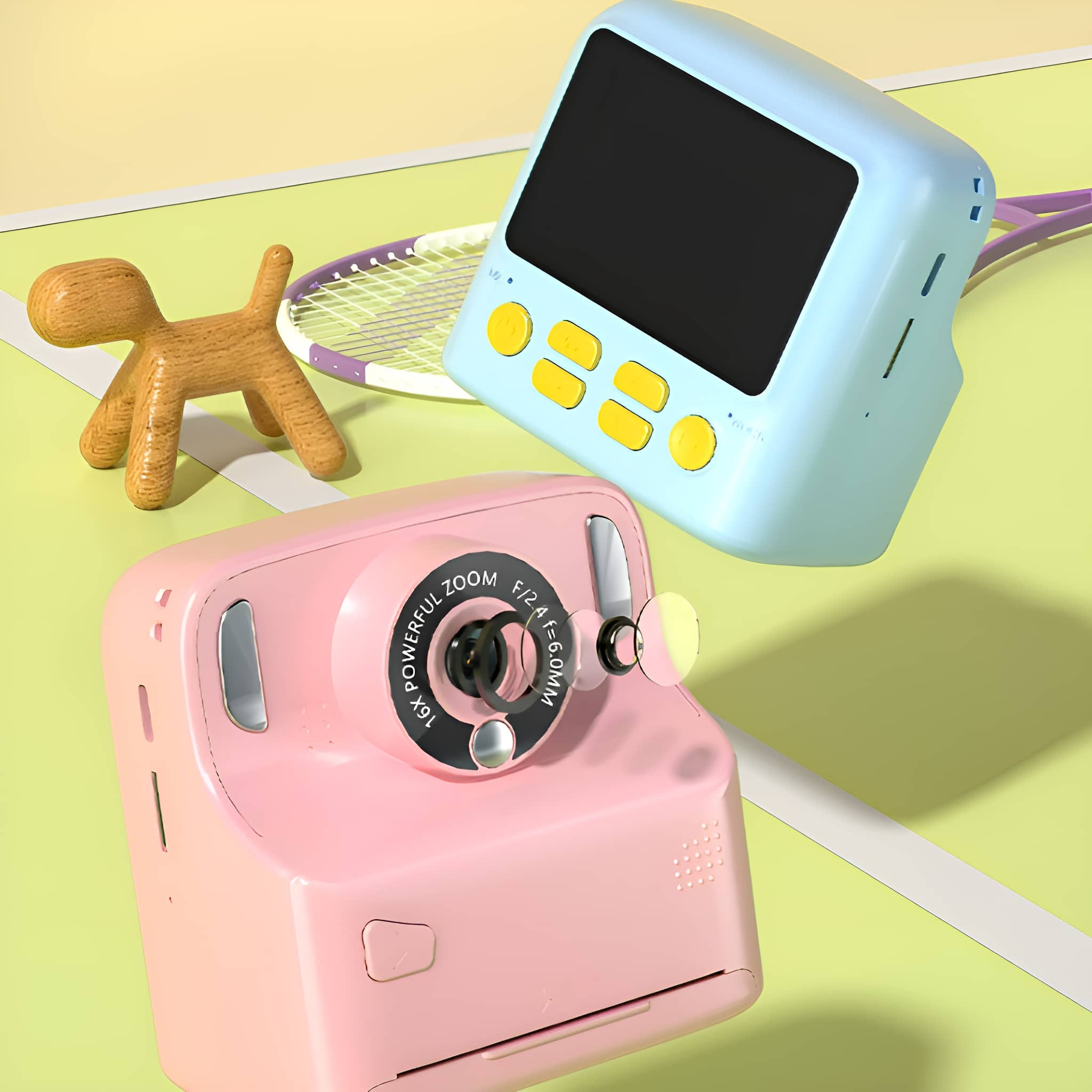 Eine rosa Kamera und ein blaues Tablet. Ein Holz-Hund und ein Tennisschläger im Hintergrund.