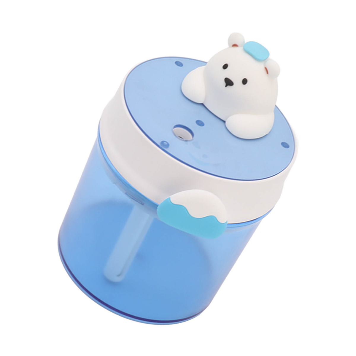 Blau-weißer Trinkbecher mit einem Bären oben drauf. Er hat einen transparenten Körper und einen blauen Griff.