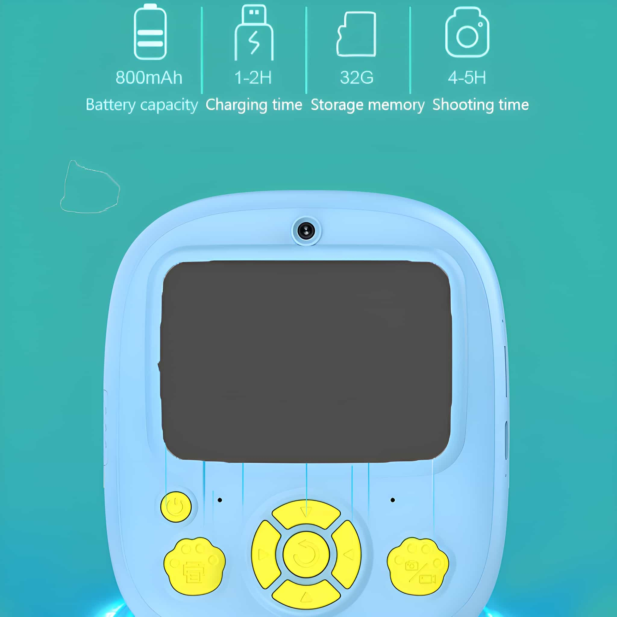 Blaue Kinderkamera mit gelben Knöpfen und schwarzem Bildschirm. Icons für Speicher und Zeit.