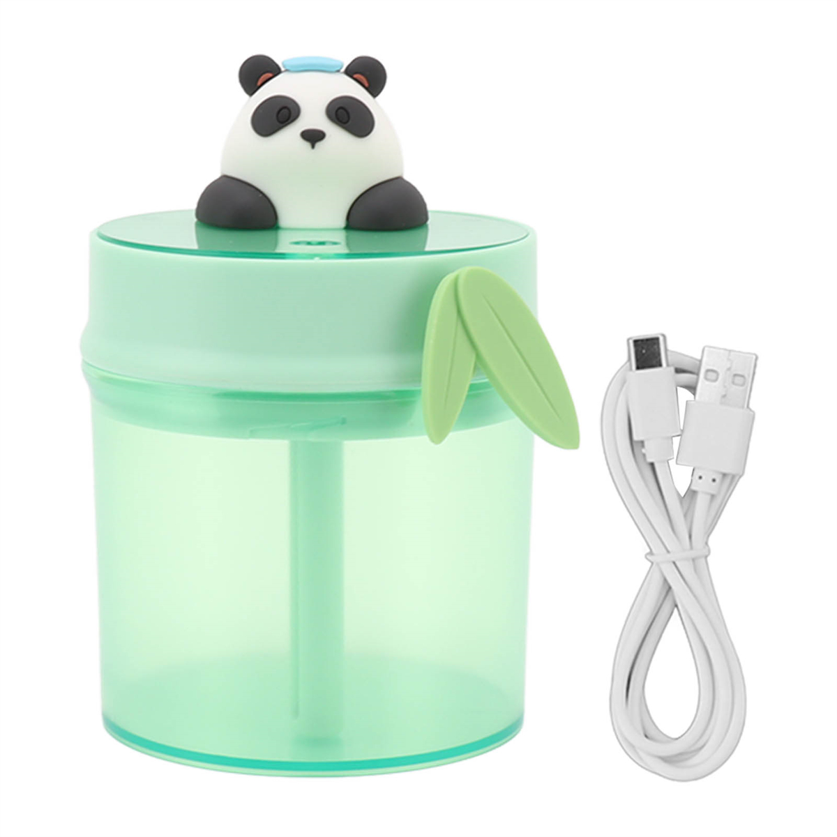 Grüner Luftbefeuchter mit Panda oben und USB-Kabel. Blätter auf dem Befeuchter.