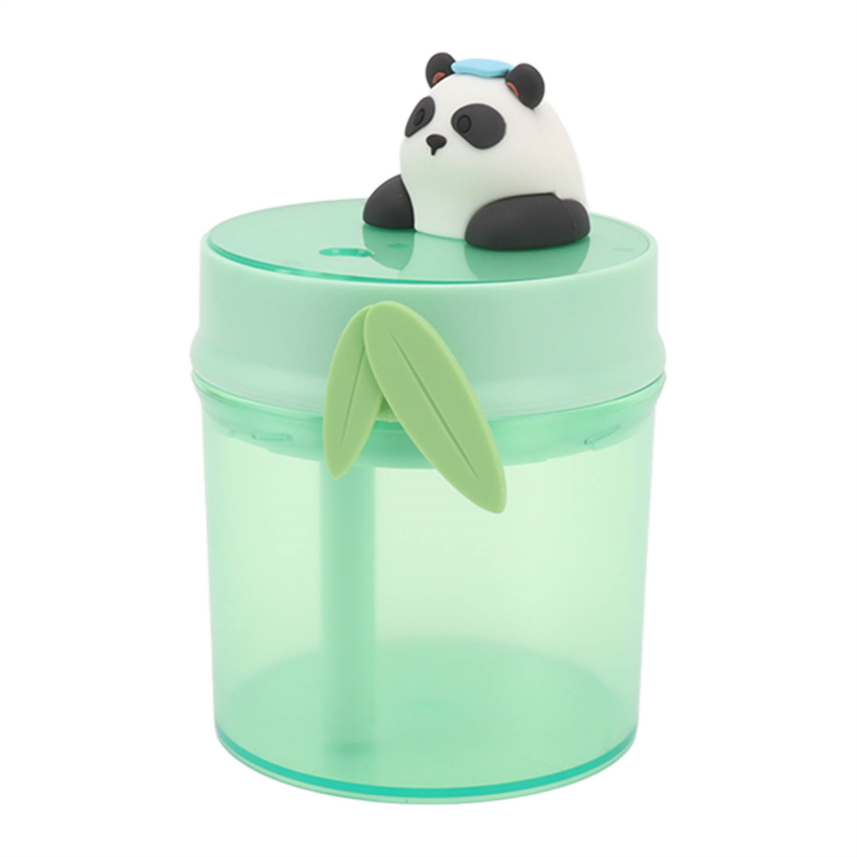 Ein grüner Behälter mit einem Panda oben. Zwei grüne Blätter sind am Behälter befestigt.