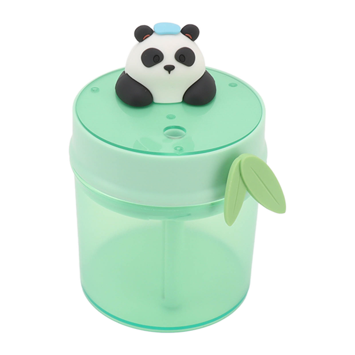 Grüner und klarer Luftbefeuchter mit Panda oben und zwei grünen blattartigen Zubehörteilen.