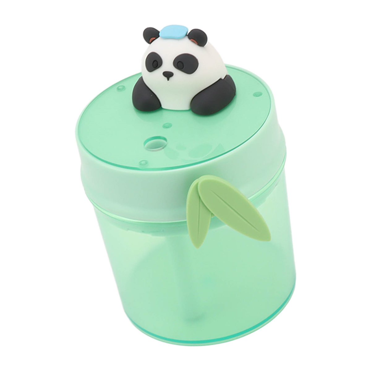 Grüner Becher mit Panda oben, mit Bambusblattdetails und einem Strohhalm.