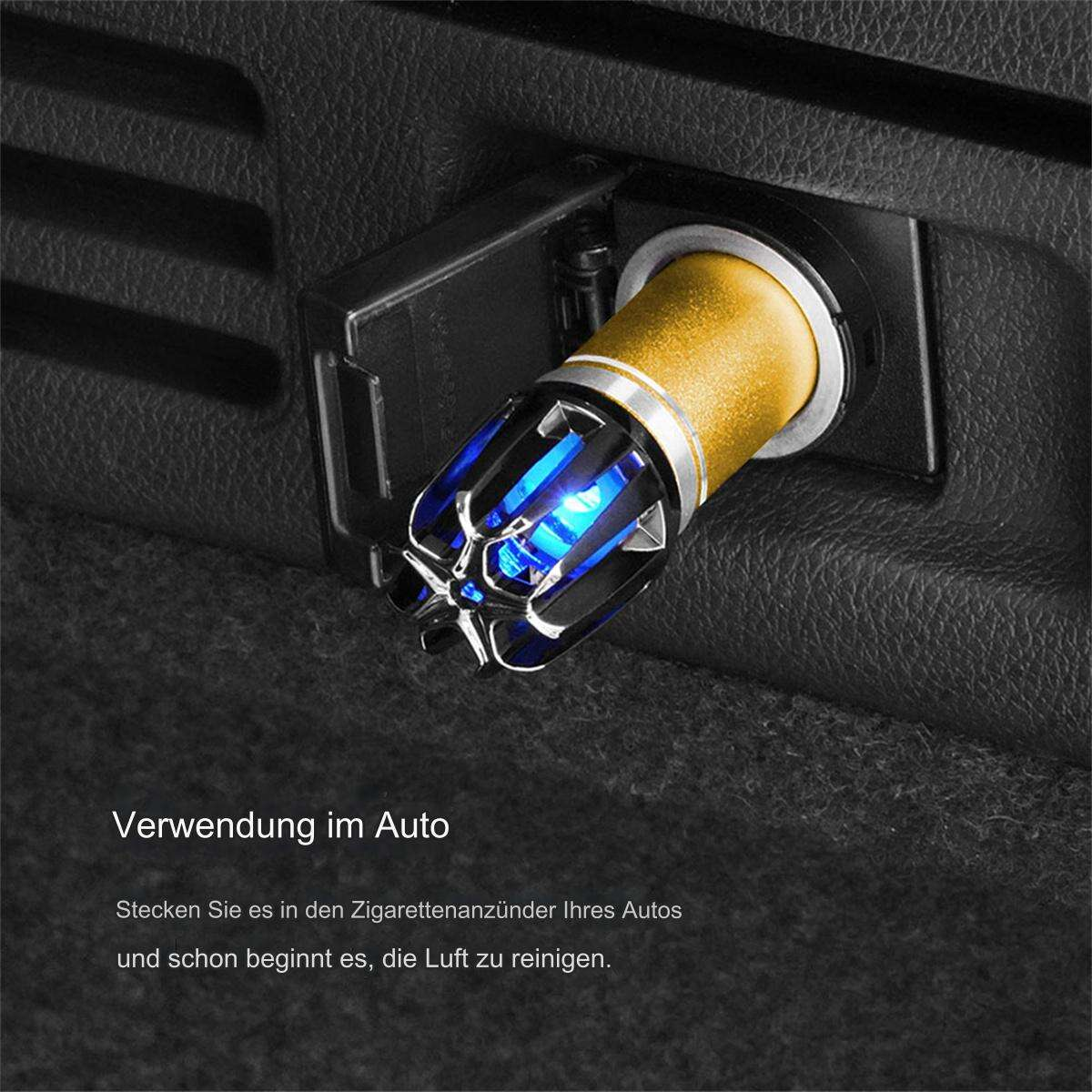 Auto-Zigarettenanzünder mit blauen Lichtern. In einem Auto. Text: Verwendung im Auto.
