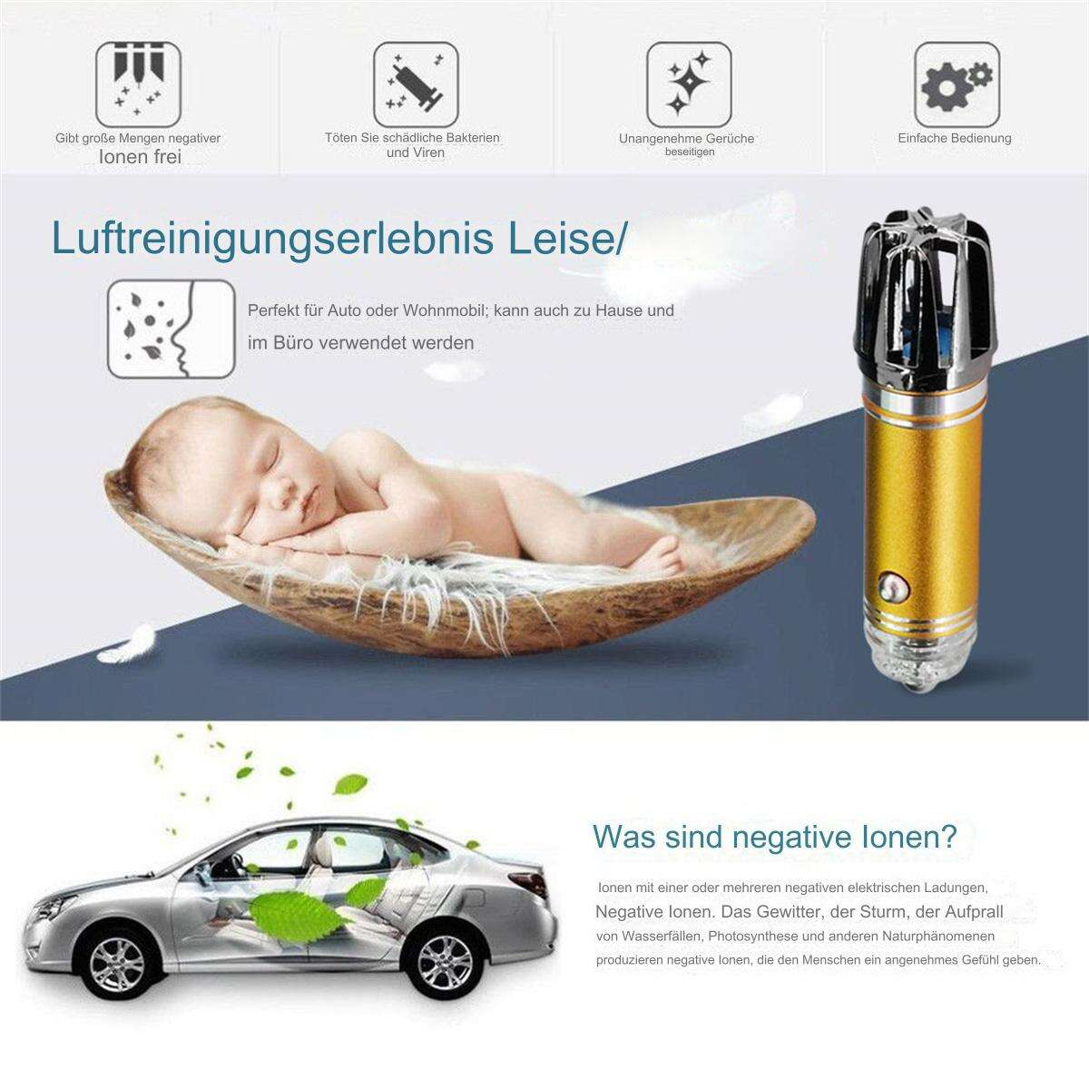 Ein Baby auf einem Holztablett, ein Auto und ein goldener Luftreiniger.
