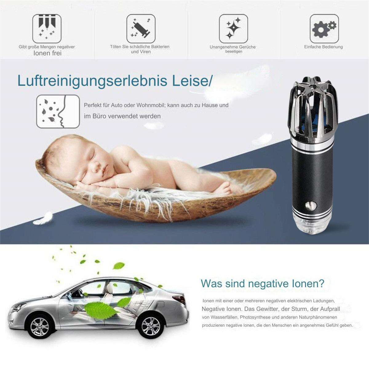 Ein Luftreiniger mit einem Baby, das in einer Holzschale schläft, und einem Auto mit Blättern.