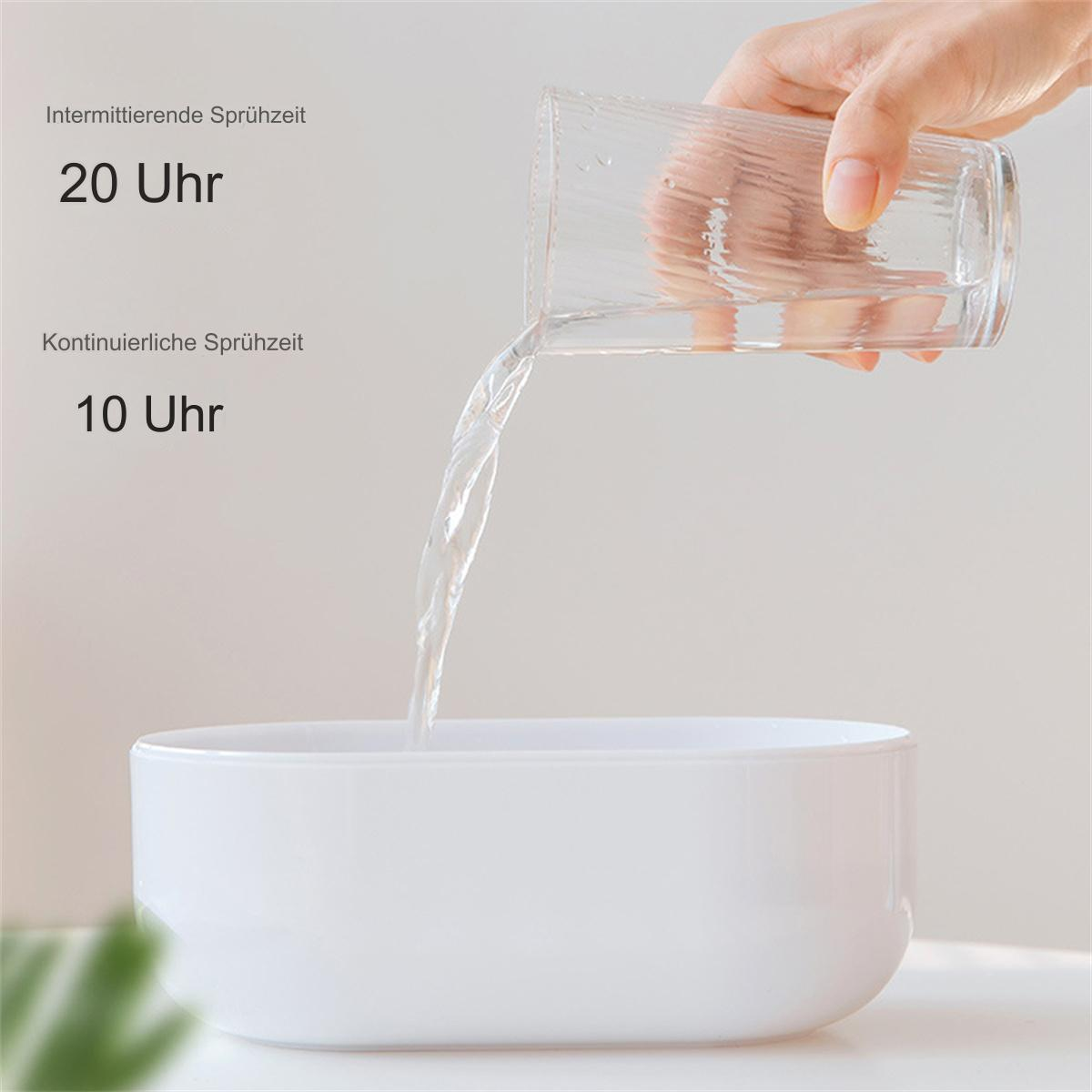 Wasser wird aus einem Glas in eine weiße Schüssel gegossen. Text zeigt intermittierende und kontinuierliche Sprühzeiten.