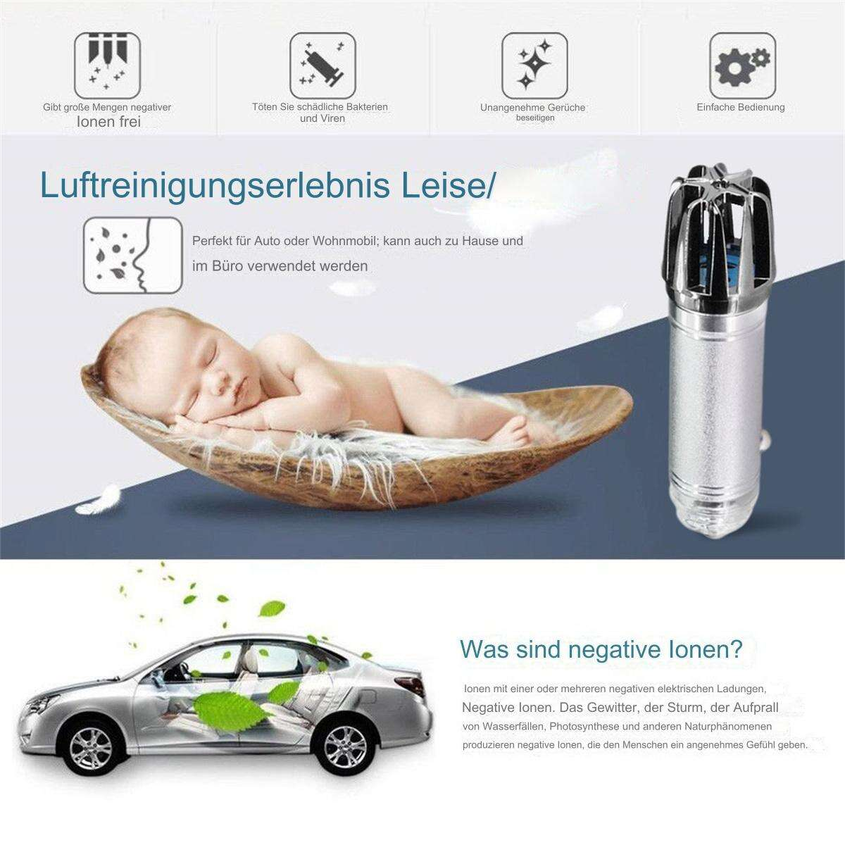Das Bild zeigt ein Baby, das auf einem blattförmigen Gegenstand schläft. Darunter ein Auto mit Luftreiniger.