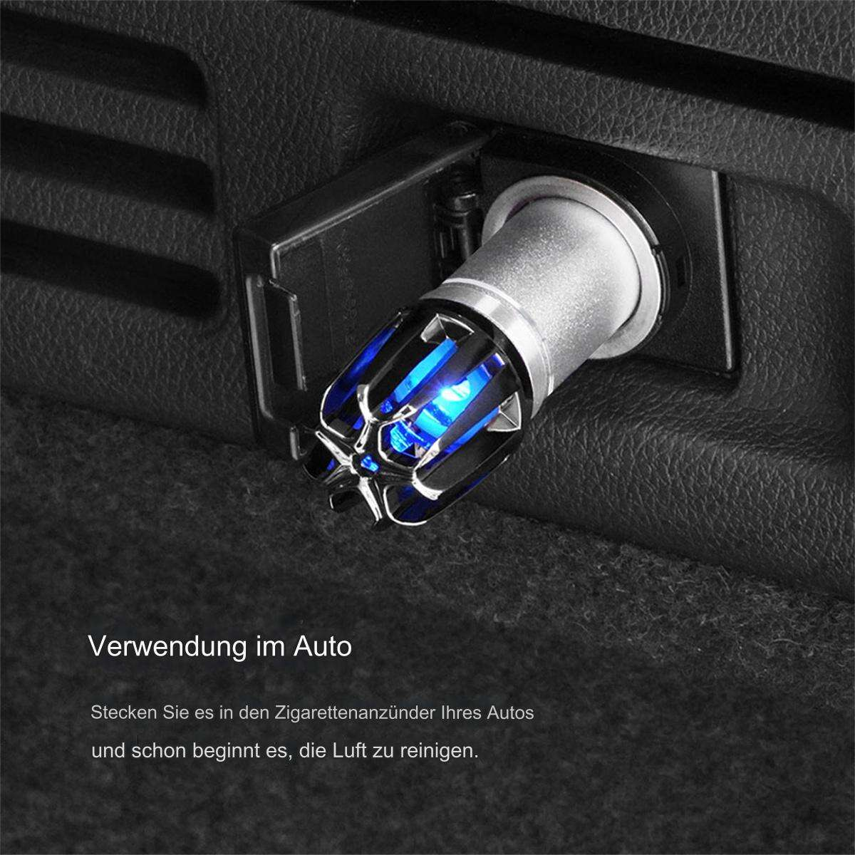Auto-Zigarettenanzünder-Luftreiniger mit blauen LED-Leuchten und Text zur Verwendung.