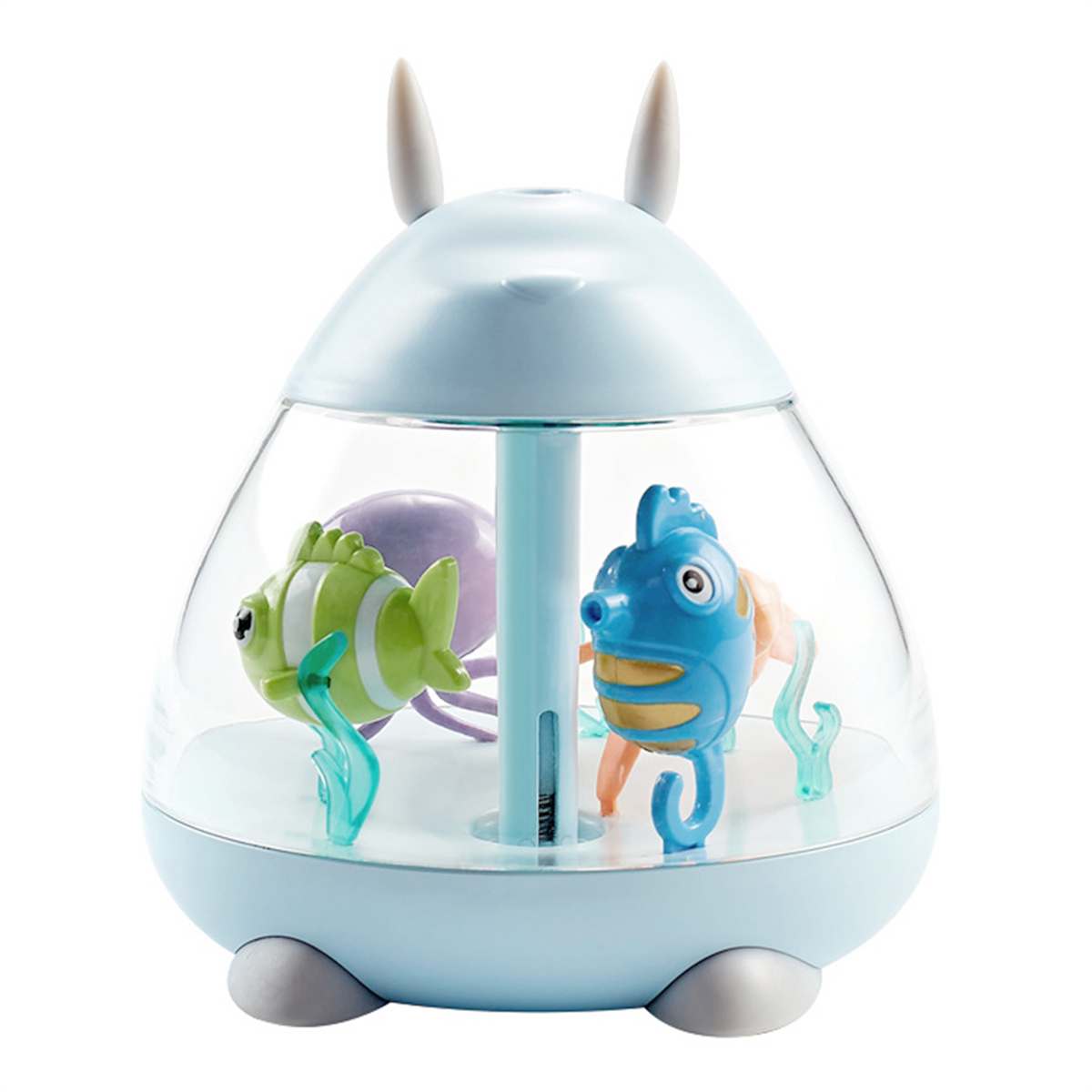 Blaues und klares Kunststoffaquarium mit Cartoonfischen und Pflanzen darin. Weißer Hintergrund.