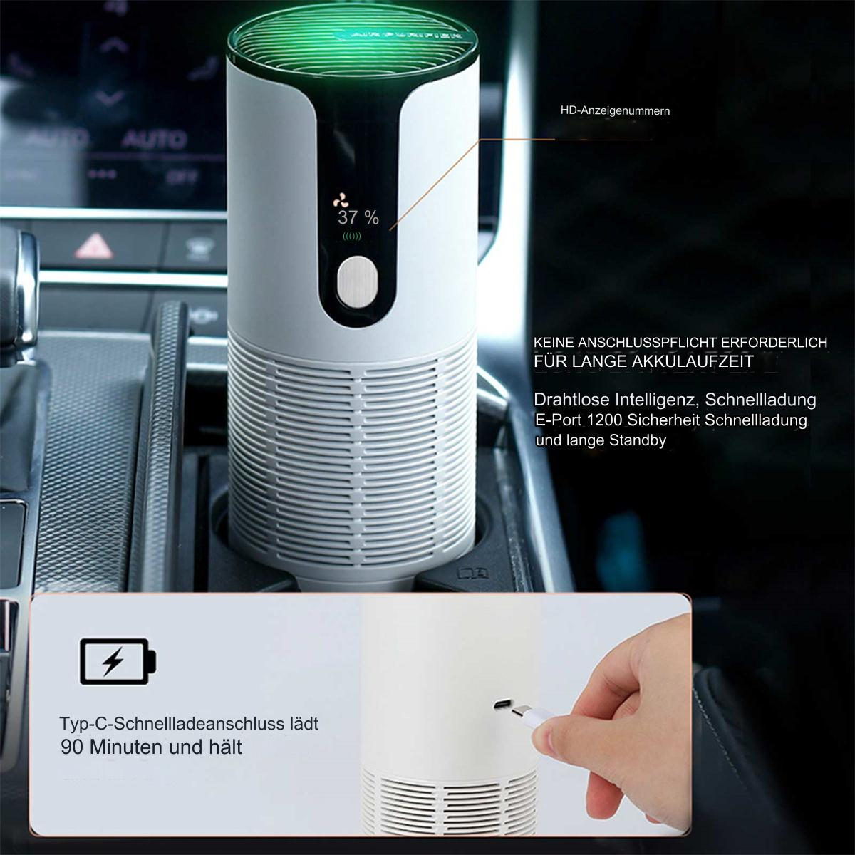 Weißer und grüner Luftreiniger im Auto, USB-Ladekabel eingesteckt.