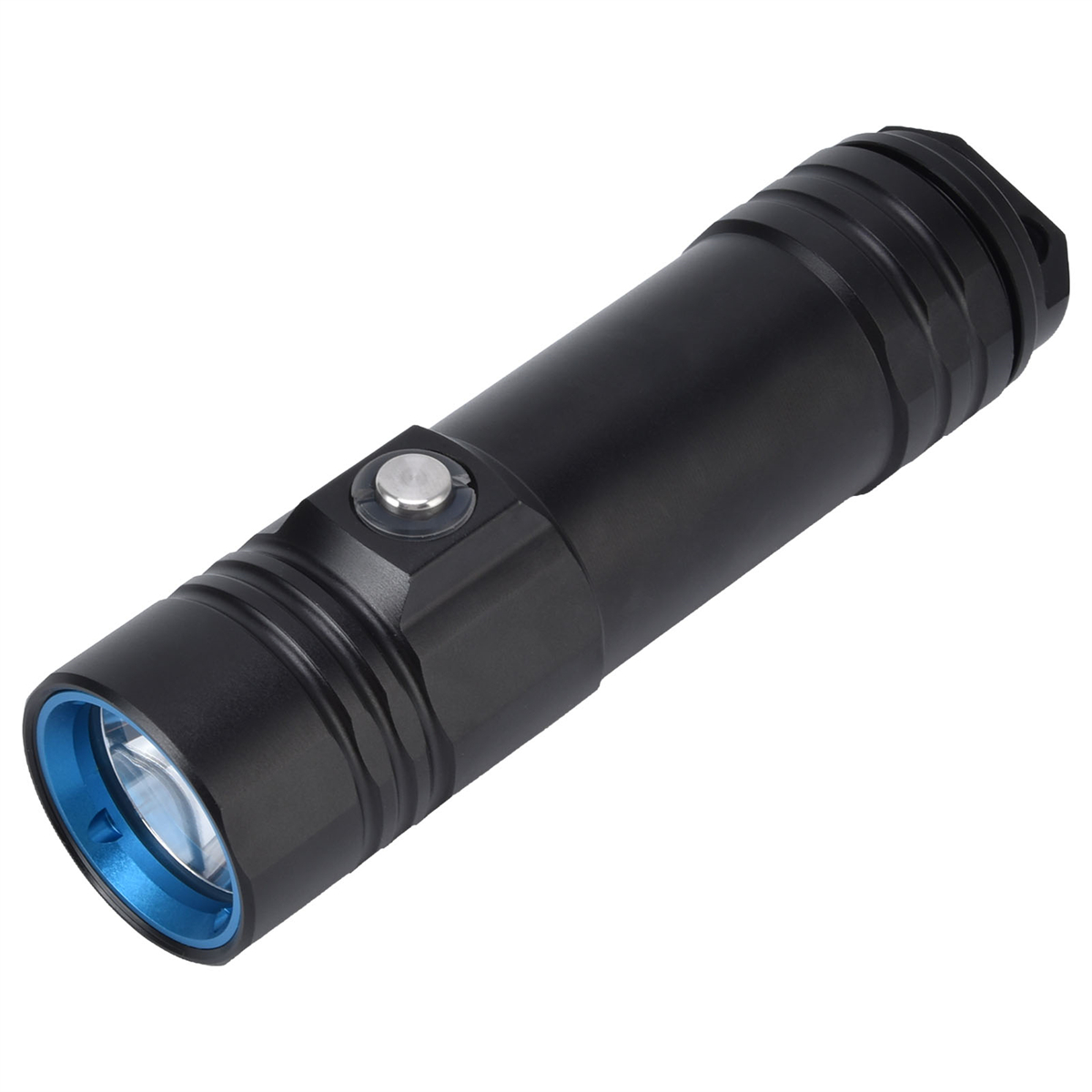 Eine schwarze Taschenlampe mit blauem Ring um das Licht und einem silbernen Knopf.