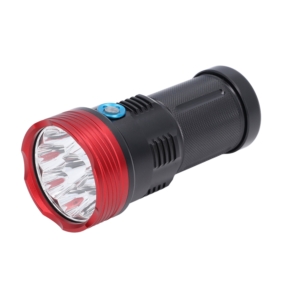 Schwarze und rote Taschenlampe mit blauem Knopf und hellem Licht.