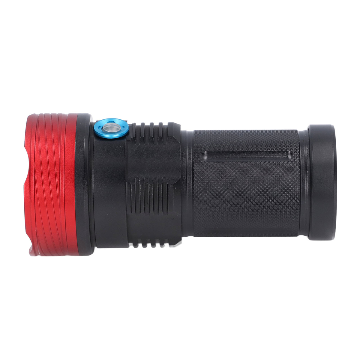 Schwarze und rote Taschenlampe mit blauem Knopf und strukturiertem Griff, vor weißem Hintergrund.