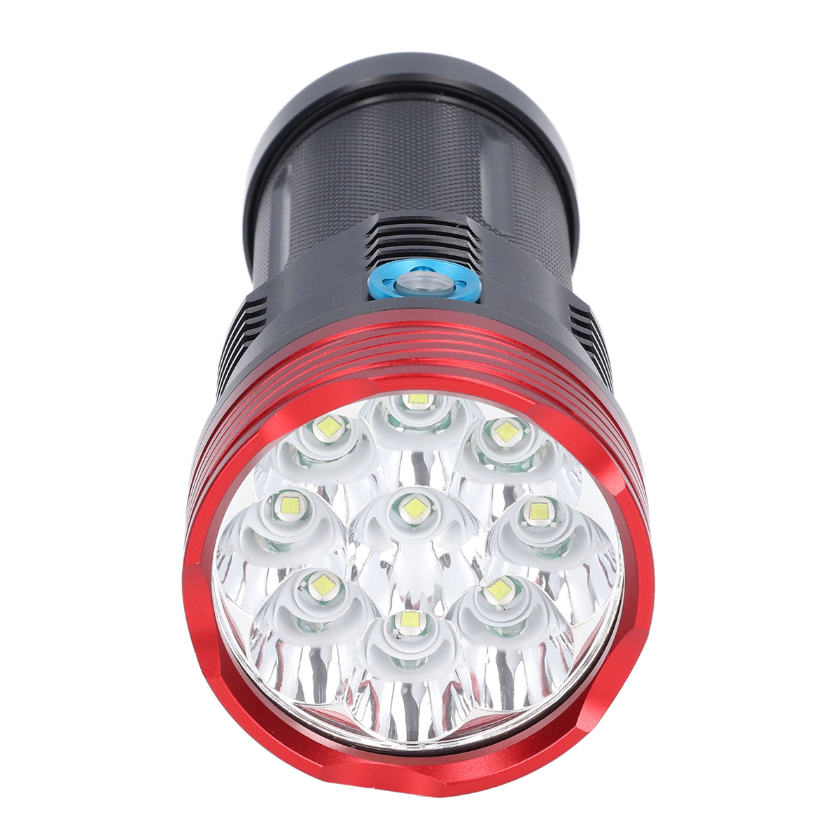 Eine rot-schwarze Tauch-Taschenlampe mit mehreren LED-Leuchten.