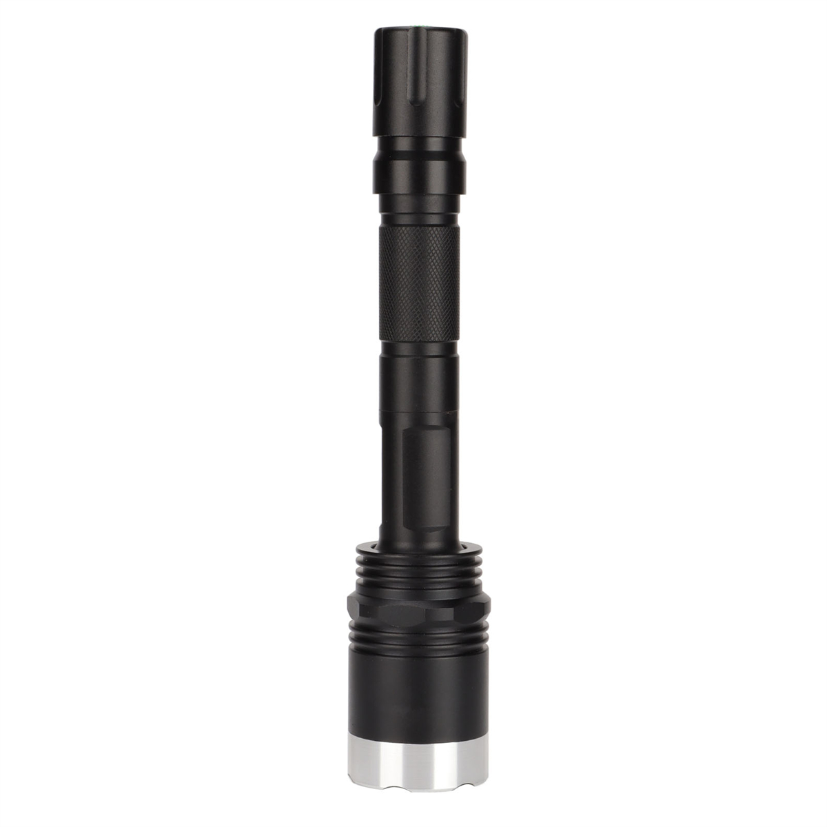 Schwarze und silberne Taschenlampe mit strukturiertem Griff und silbernem Ende.