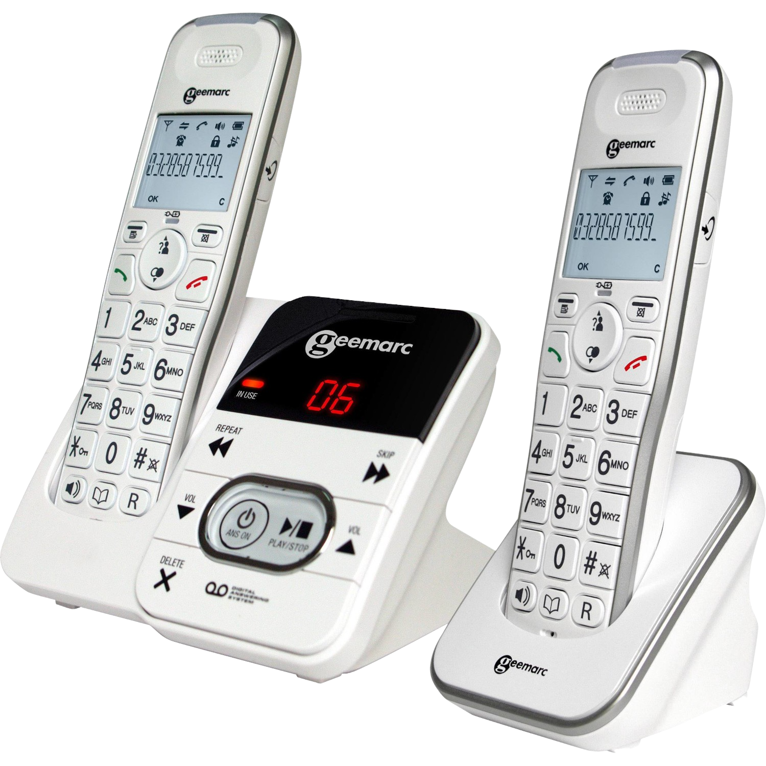 Set telefono cordless bianco con base, due portatili e un display.