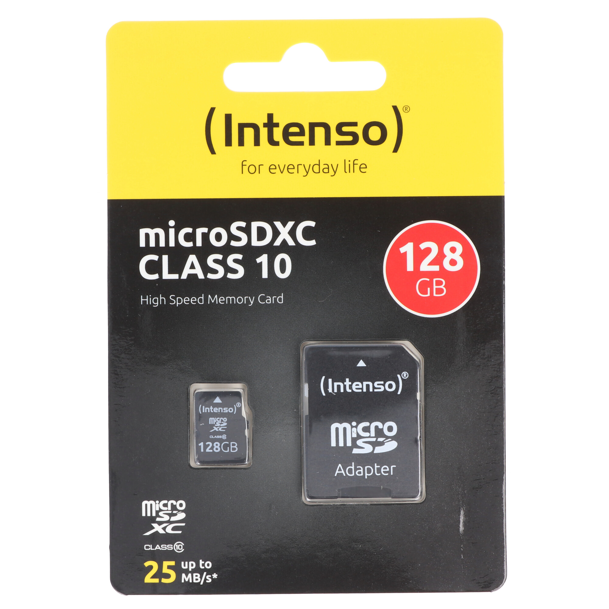 Confezione scheda MicroSDXC con scheda e adattatore, etichettata 128 GB e 25 MB/s.