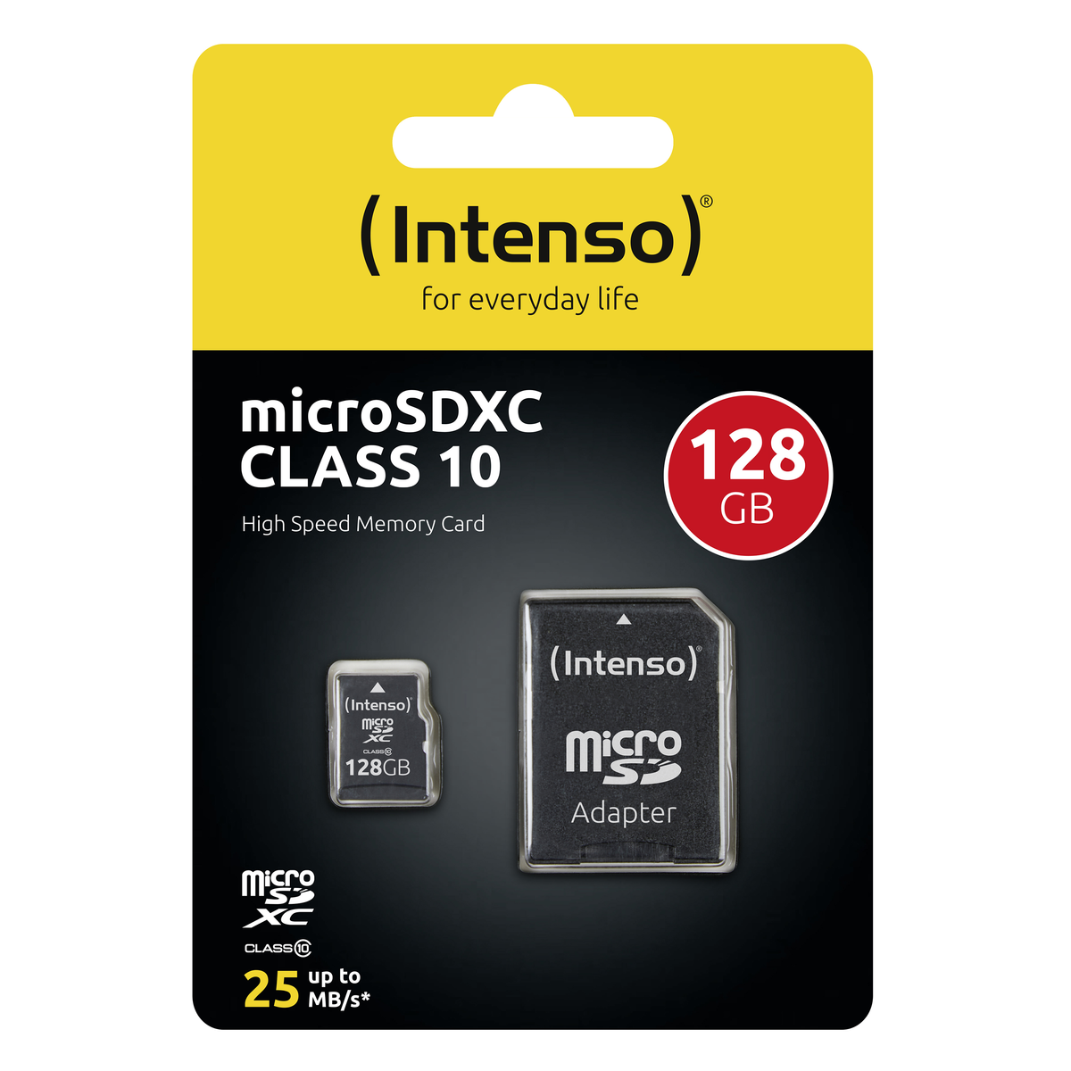Un pacchetto di schede di memoria con una scheda e un adattatore. Testo: 'microSDXC CLASS 10'.