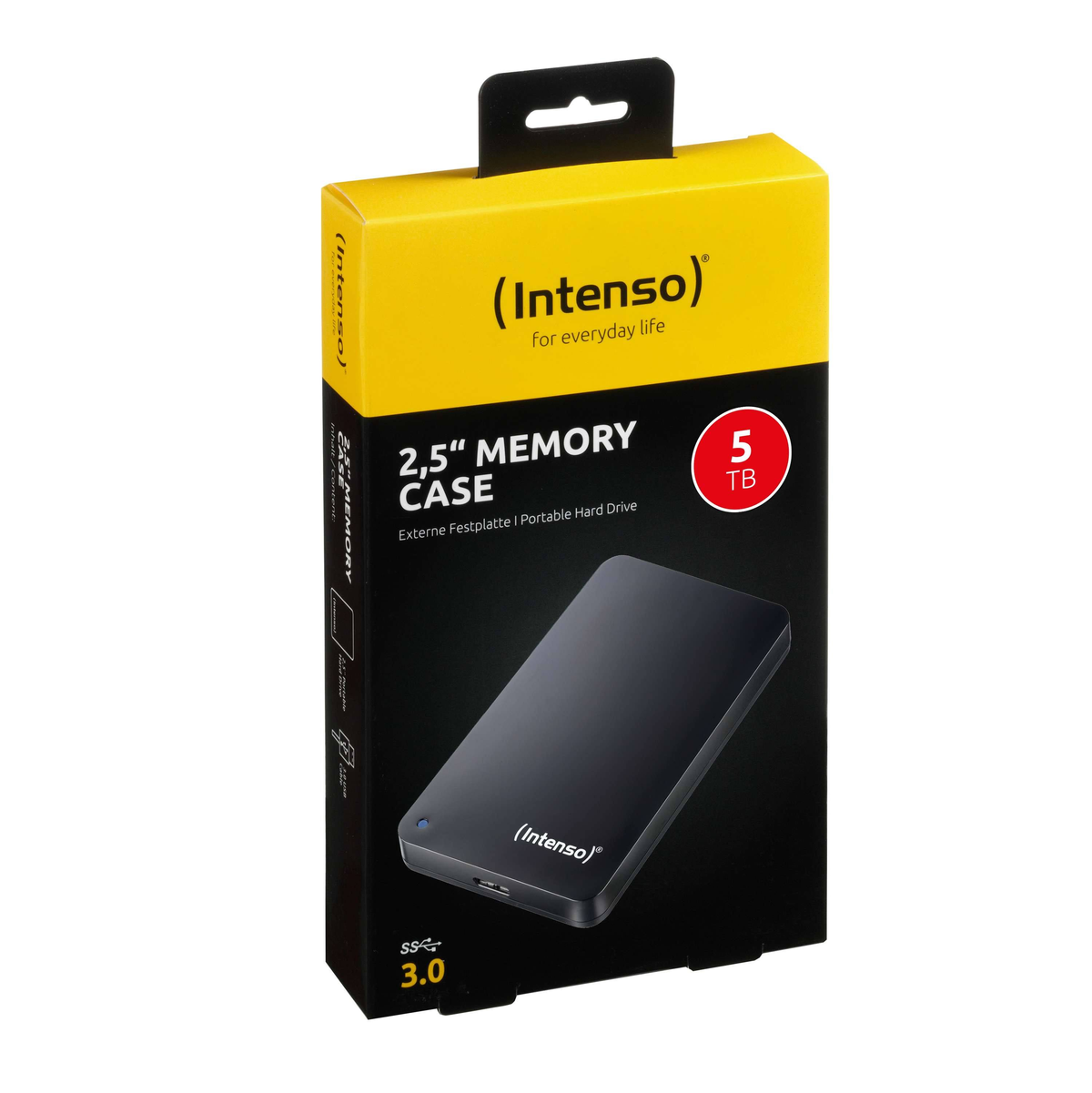 Czarno-żółte pudełko na pamięć z napisem '2,5" Memory Case' i '5 TB'.