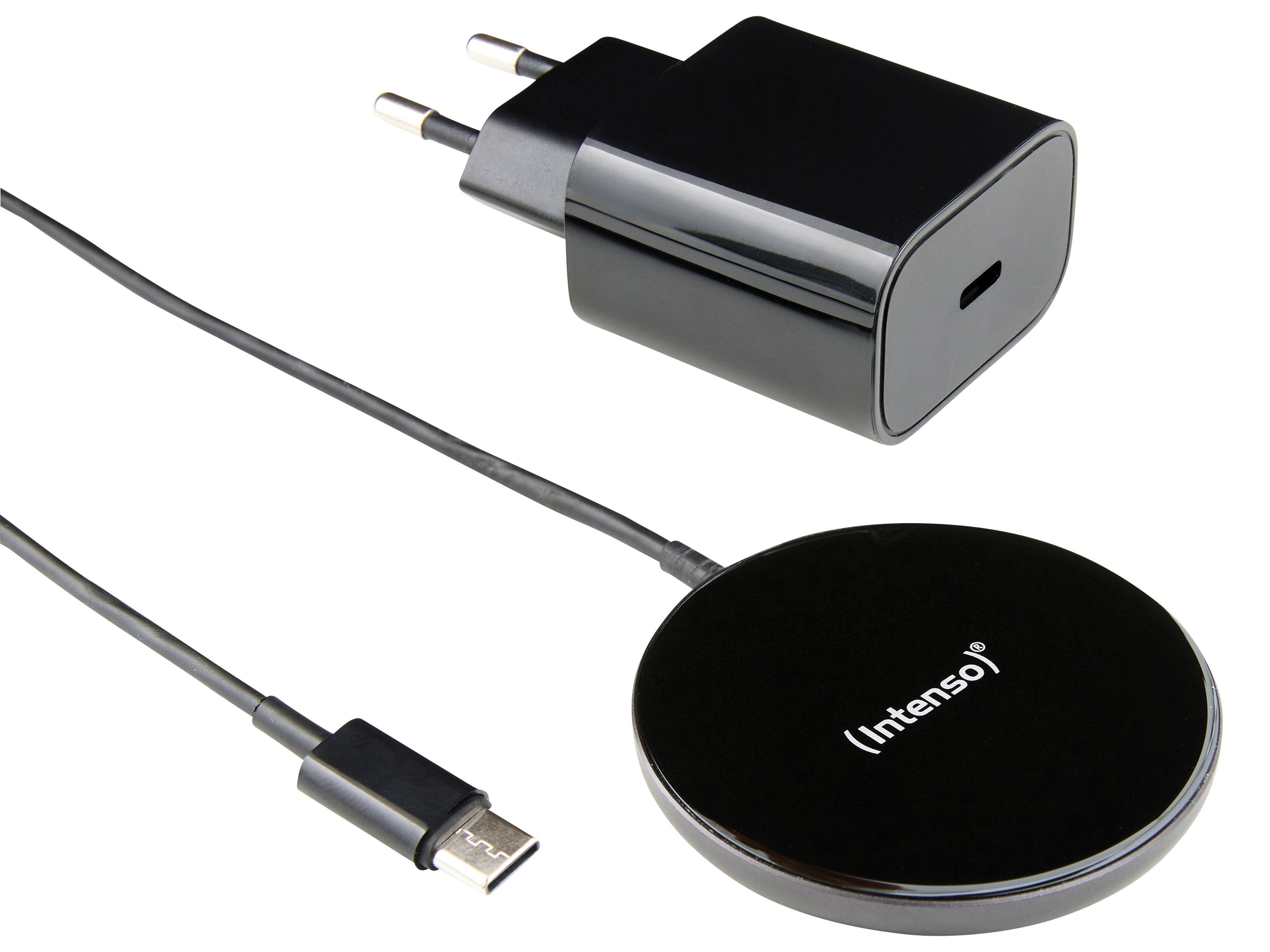 Ein schwarzes Ladegerät und eine Ladefläche, mit einem Ladekabel mit USB-C-Anschluss.