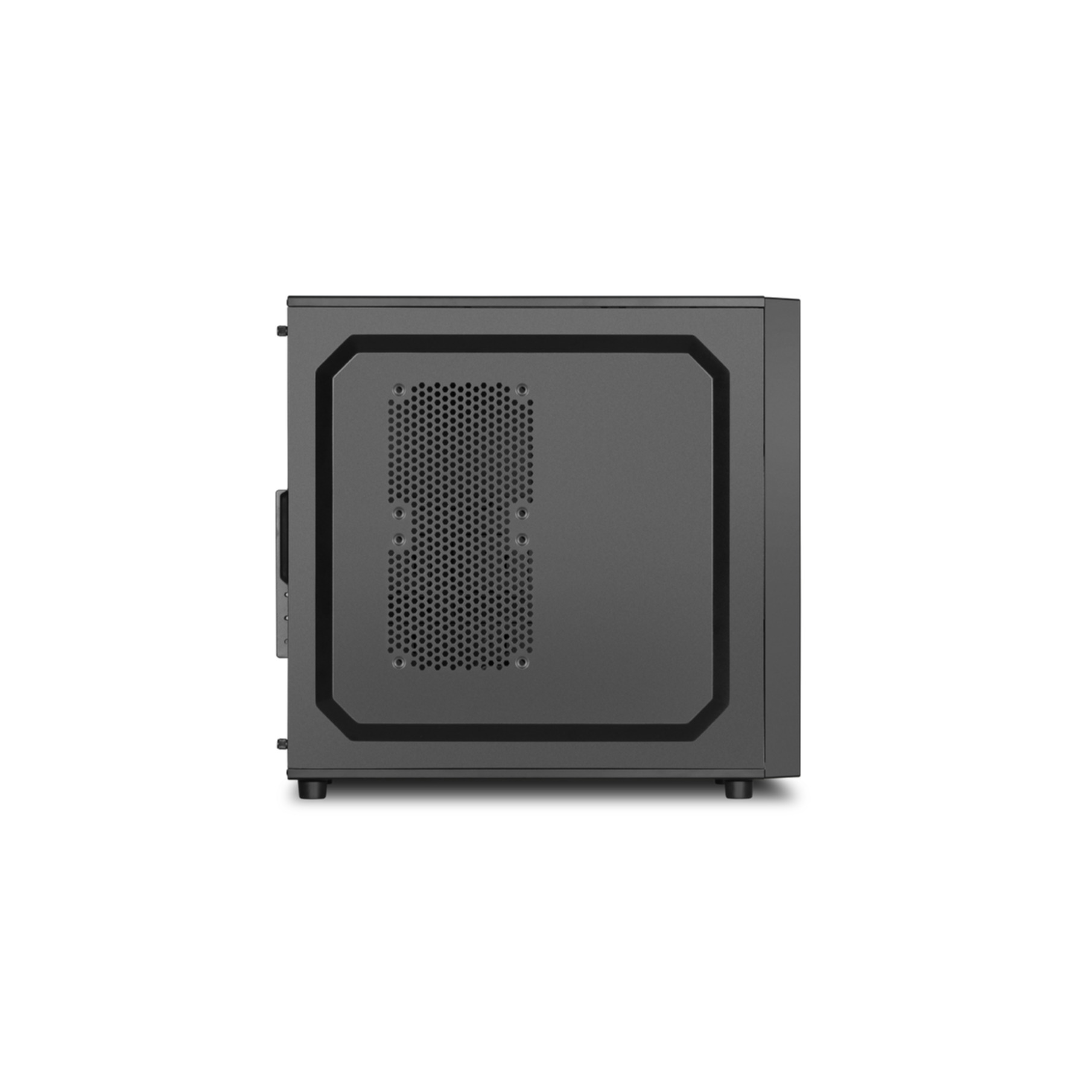 Dunkelgraues Computergehäuse mit Mesh-Seitenwand, isoliert auf Weiß.