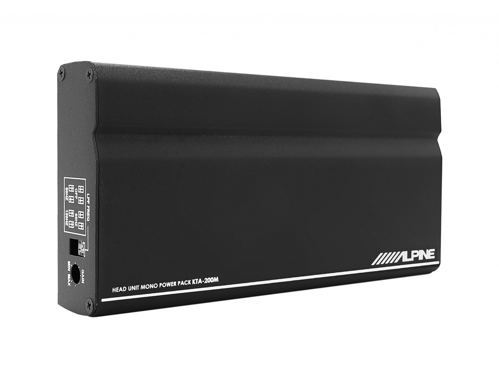 Ein schwarzes rechteckiges Gerät mit dem Wort ALPINE darauf. Es ist ein Head Unit Mono Power Pack.